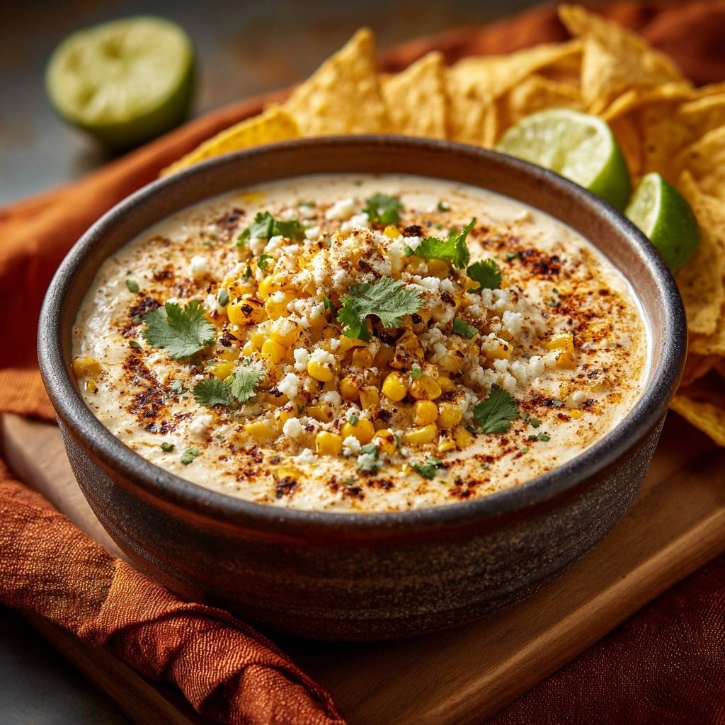 Creamy Mexican Street Corn Dip generously garnished with corn, cheese, and cilantro, presented in a rustic bowl.
