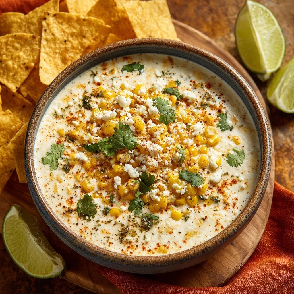 Creamy Mexican street corn dip in a bowl, topped with cheese and cilantro, served with tortilla chips.