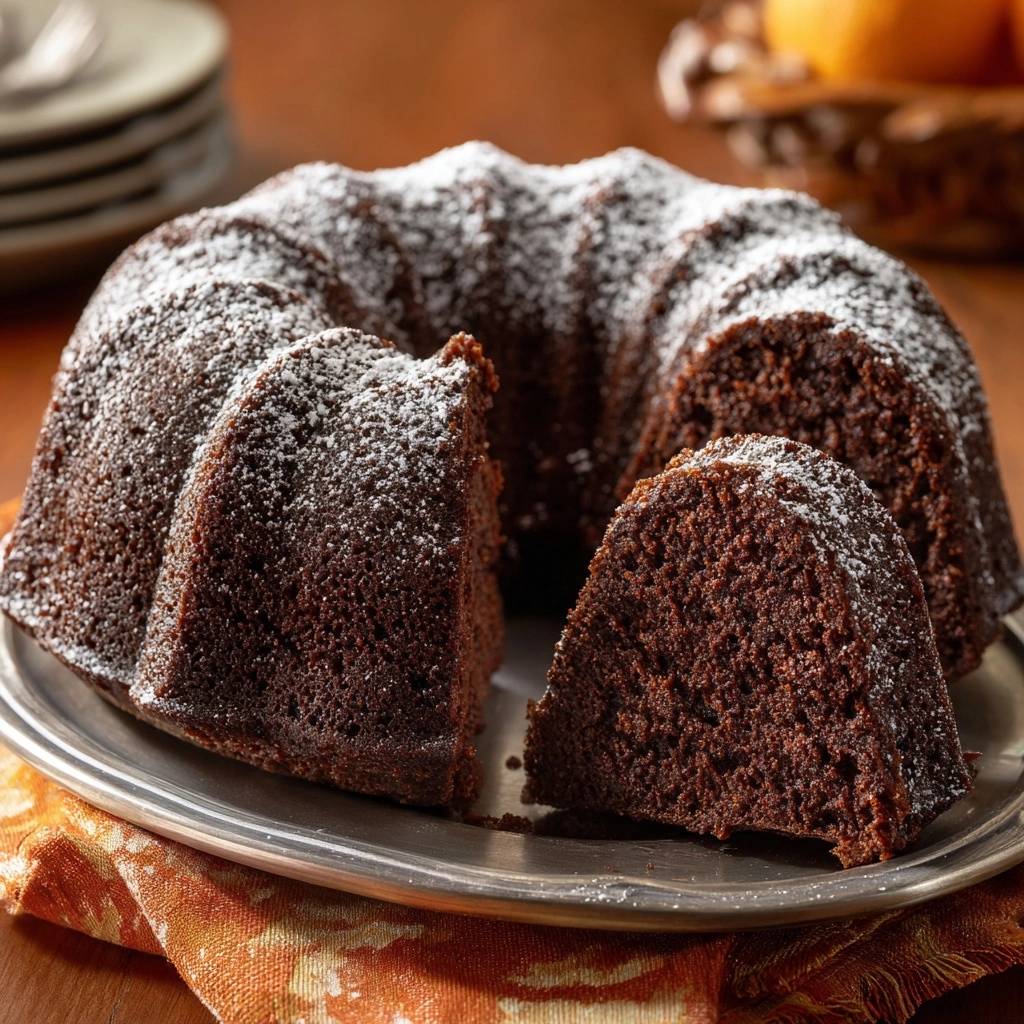 Moist chocolate bundt cake with a slice removed, revealing its tender crumb and dusting of powdered sugar.