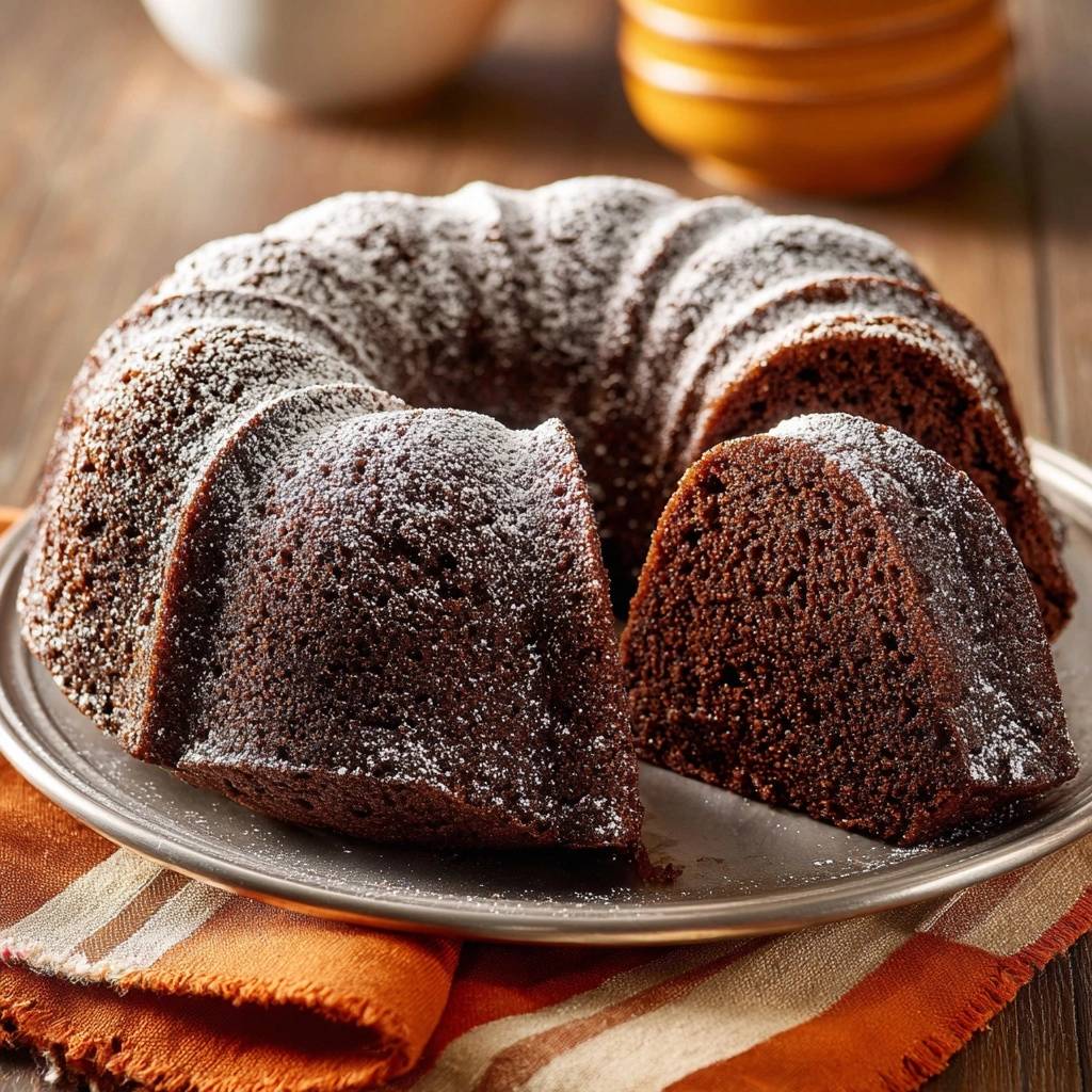 Moist chocolate bundt cake sliced and dusted with powdered sugar on a silver plate