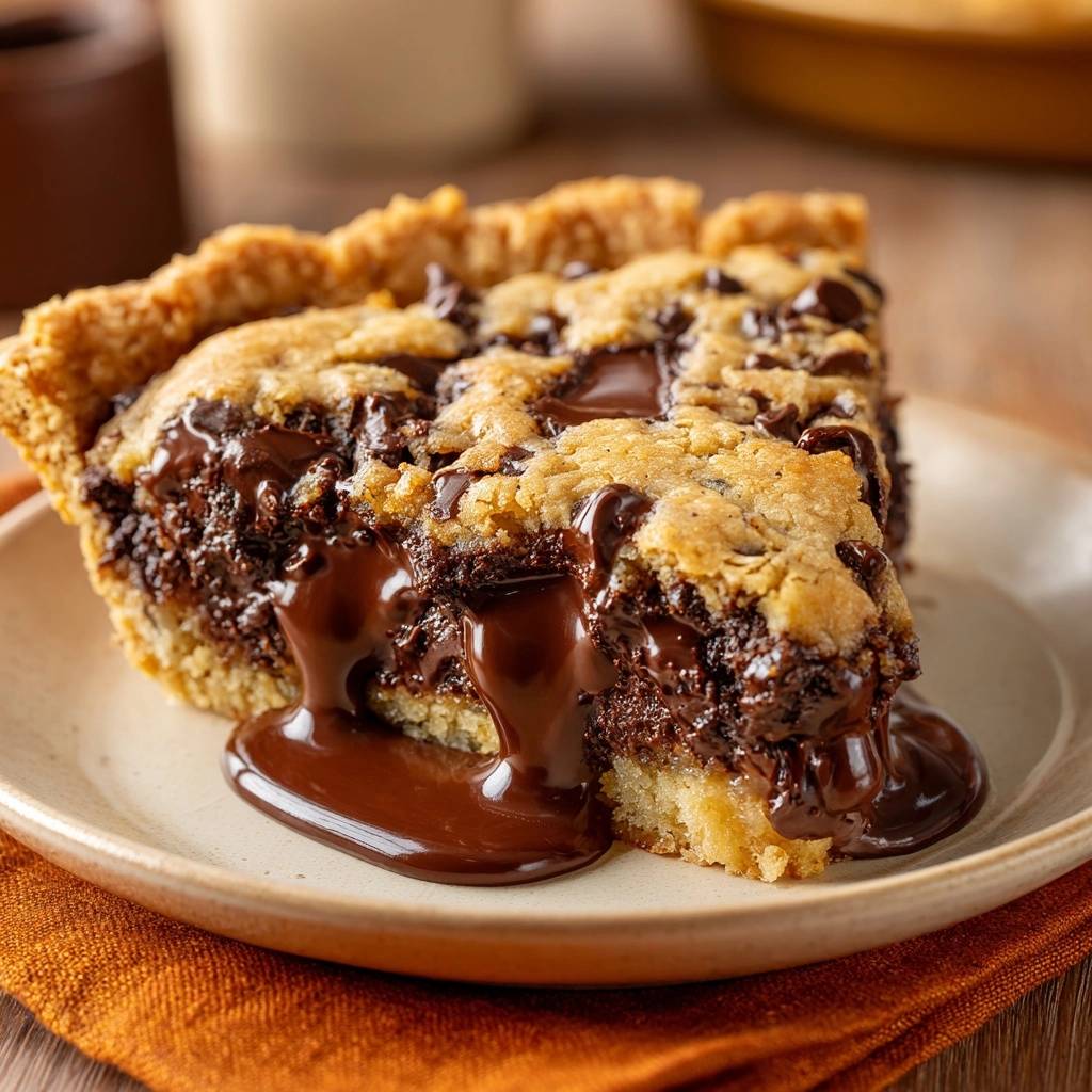 Molten lava chocolate chip cookie pie slice cross-section revealing gooey melted chocolate center.