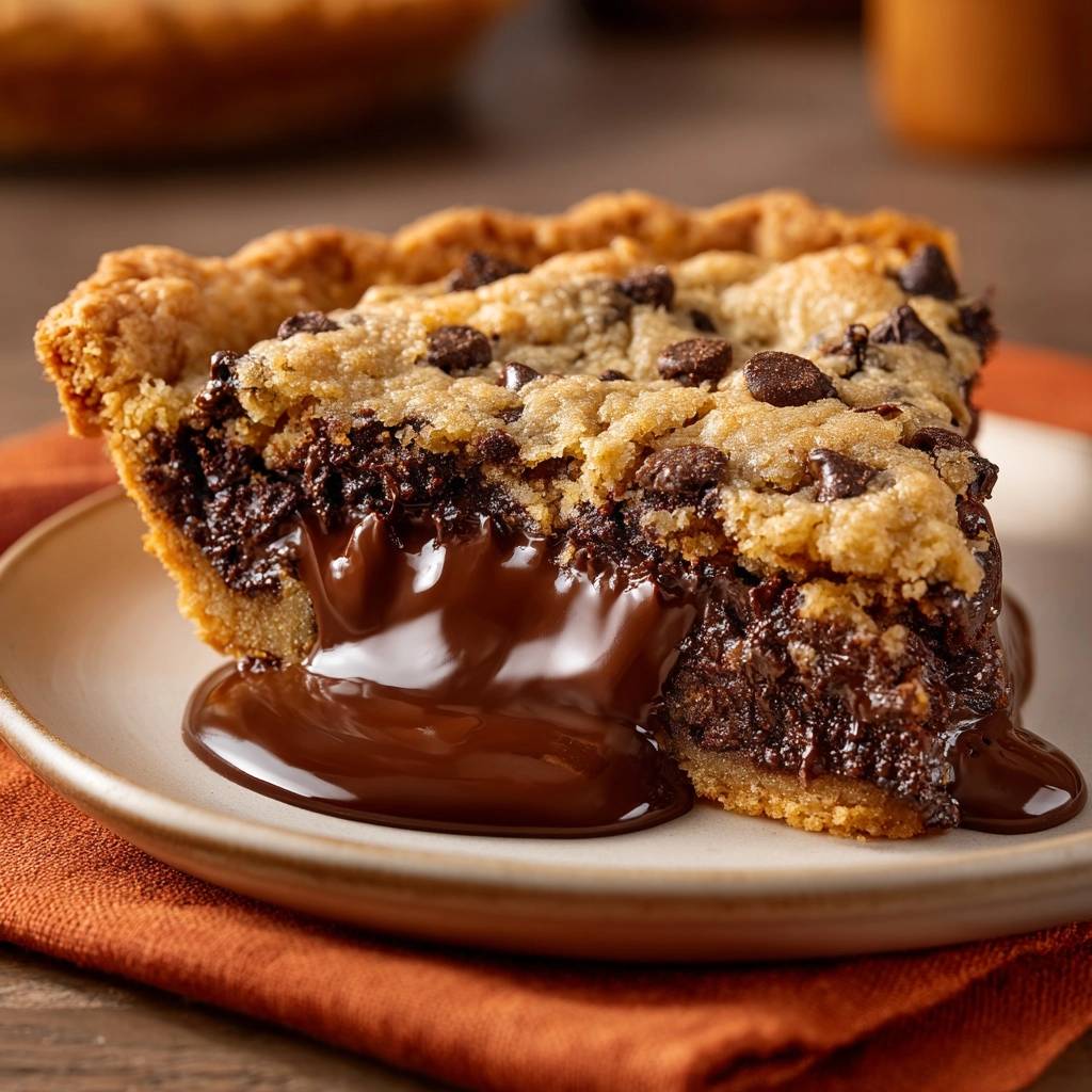 Molten lava chocolate chip cookie pie slice with gooey melted chocolate oozing out onto a plate.