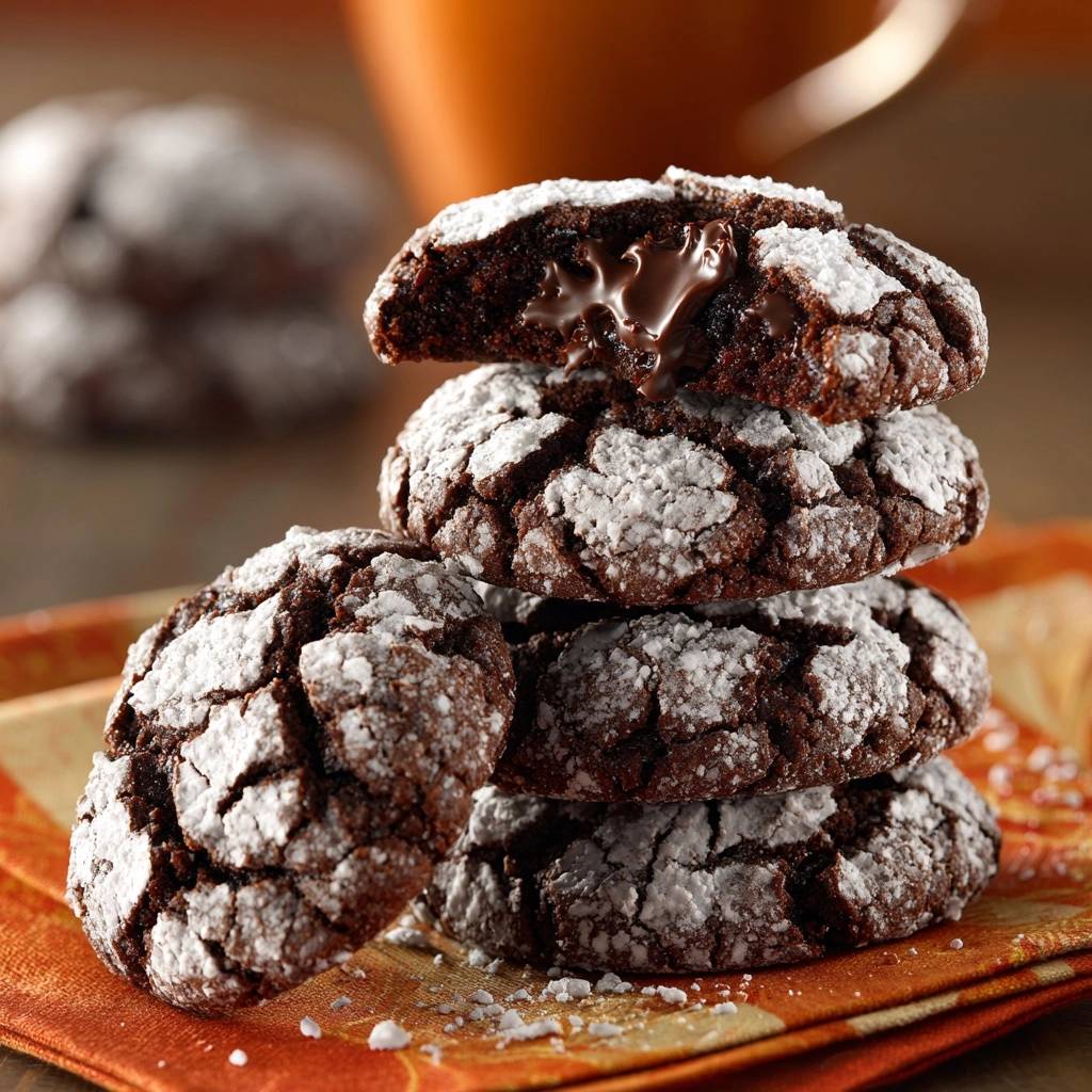 Molten lava chocolate crinkle cookies with a gooey chocolate center revealed in a cross-section view.