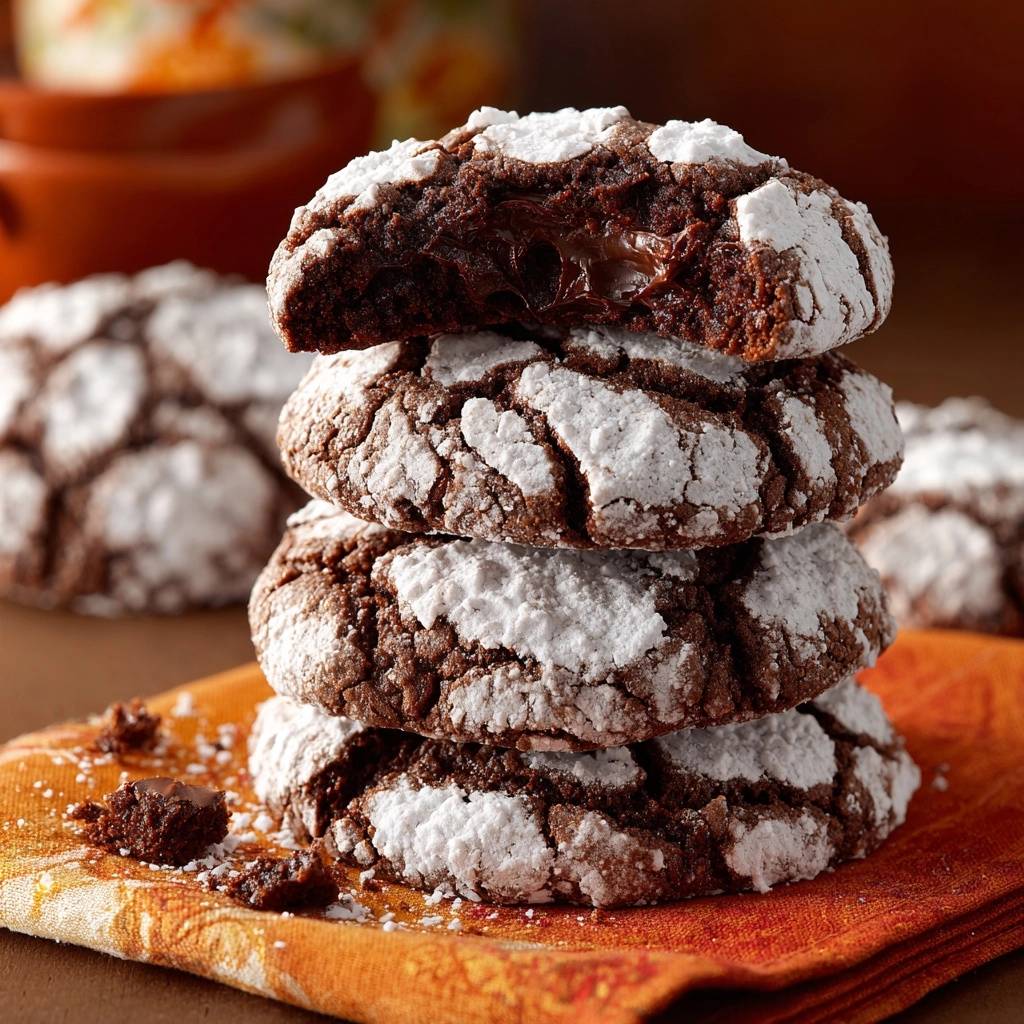 Molten lava chocolate crinkle cookies stacked with a close-up cross-section revealing gooey chocolate filling.