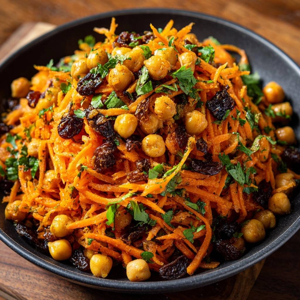 Moroccan spiced carrot and chickpea salad served in a dark bowl, showcasing chickpeas, raisins, and parsley garnish.