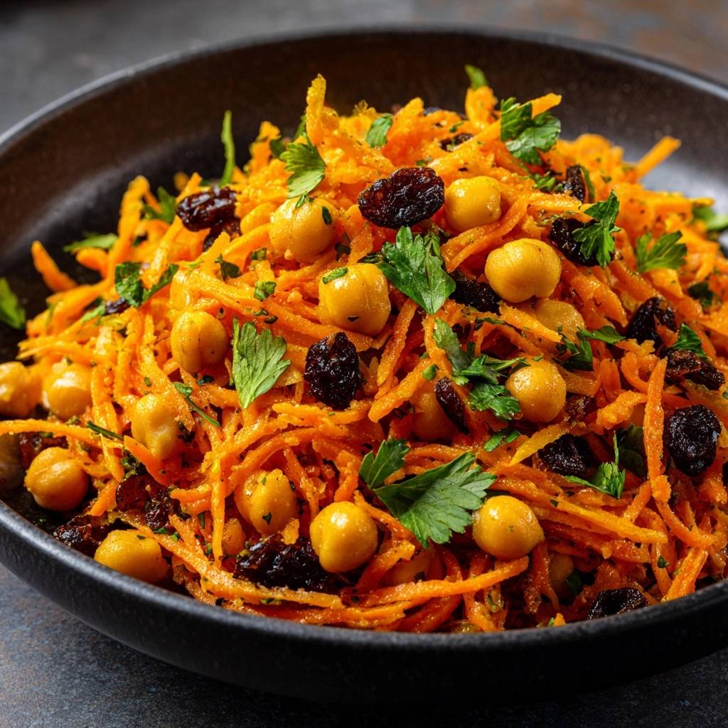 Moroccan spiced carrot and chickpea salad in a dark bowl, showcasing chickpeas, raisins, and parsley garnish.