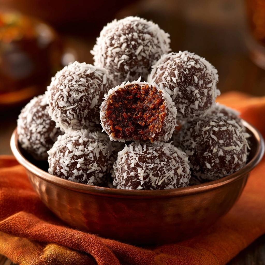 No-bake chocolate coconut truffles shown with a close-up cross-section revealing the rich interior texture.