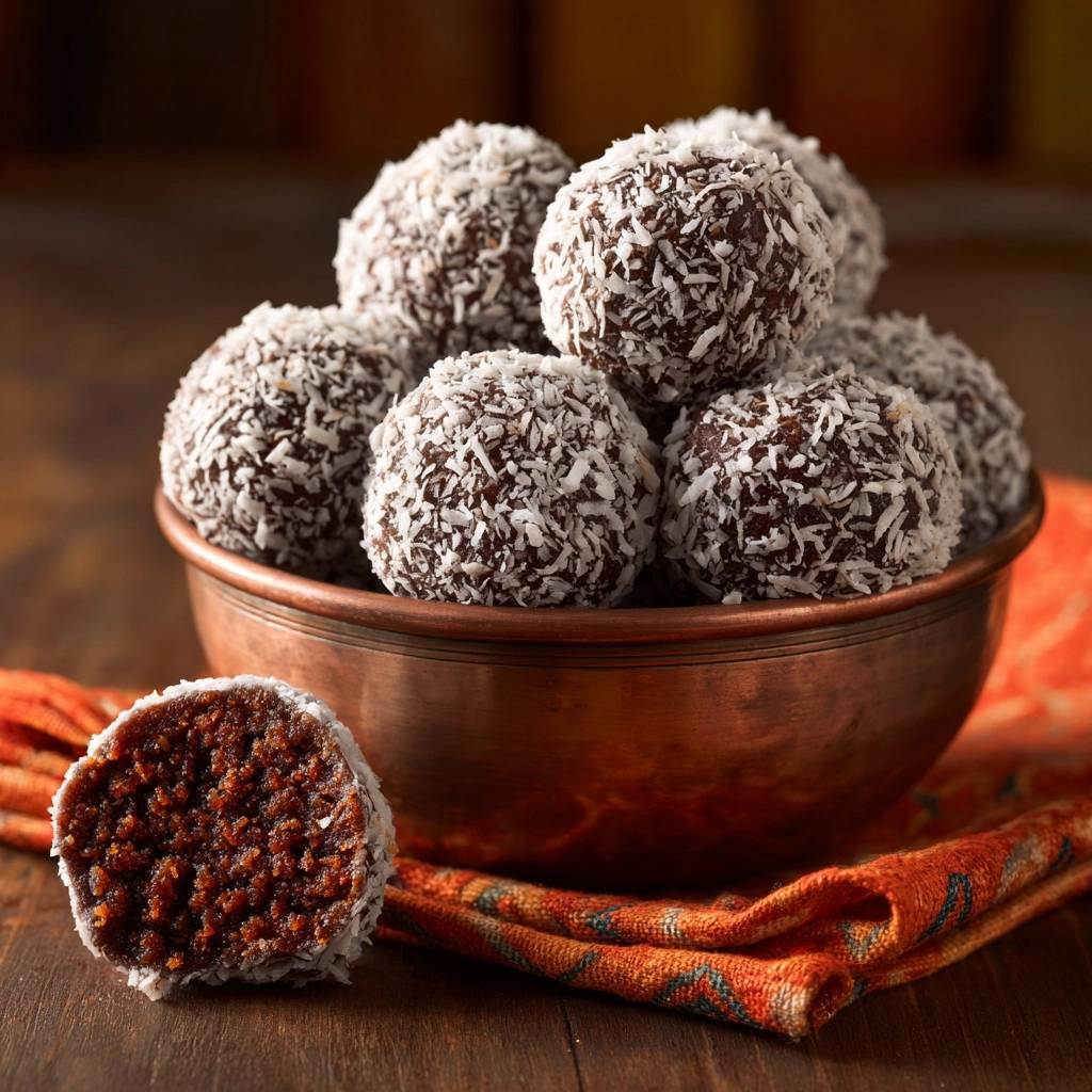 No-bake chocolate coconut truffles shown in a copper bowl with a close-up cross-section revealing the rich interior.