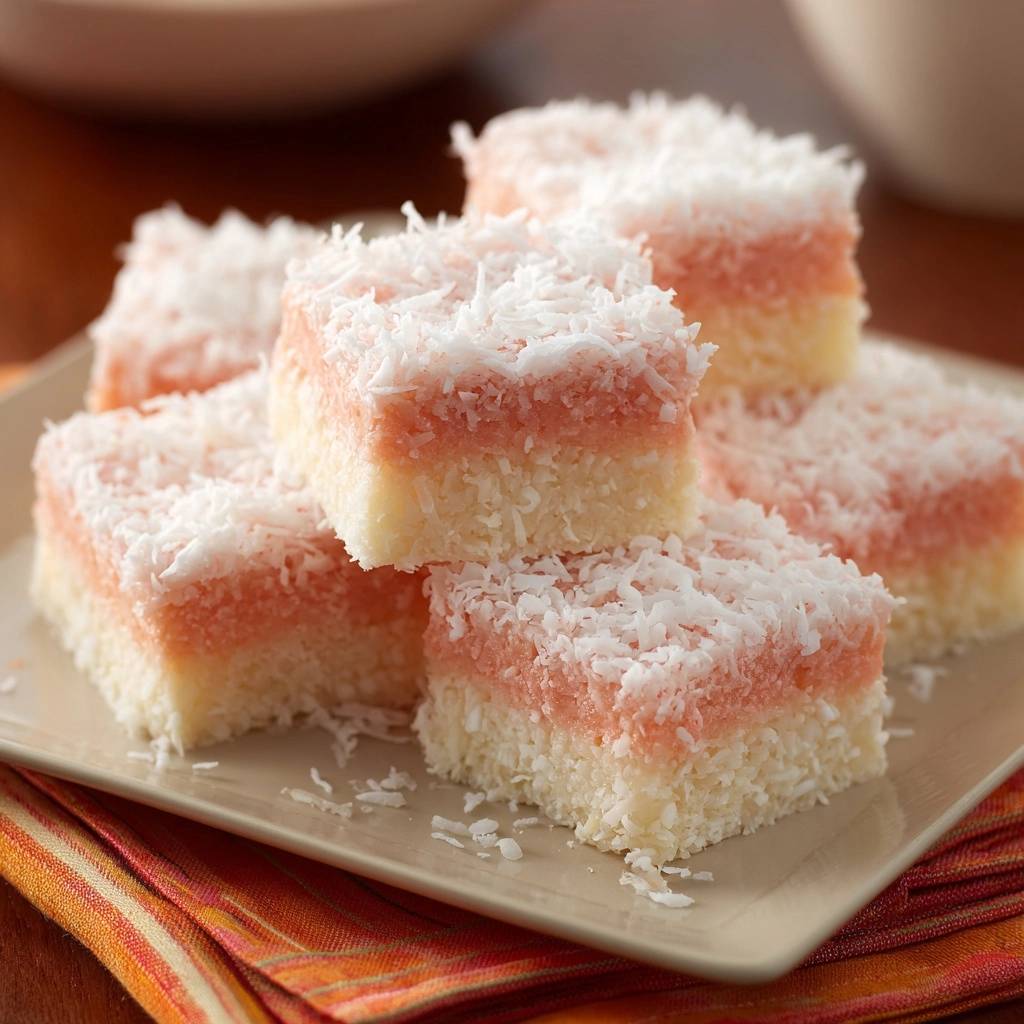 Old-fashioned coconut ice squares stacked on a plate, showcasing their distinct pink and white layers topped with shredded coconut.