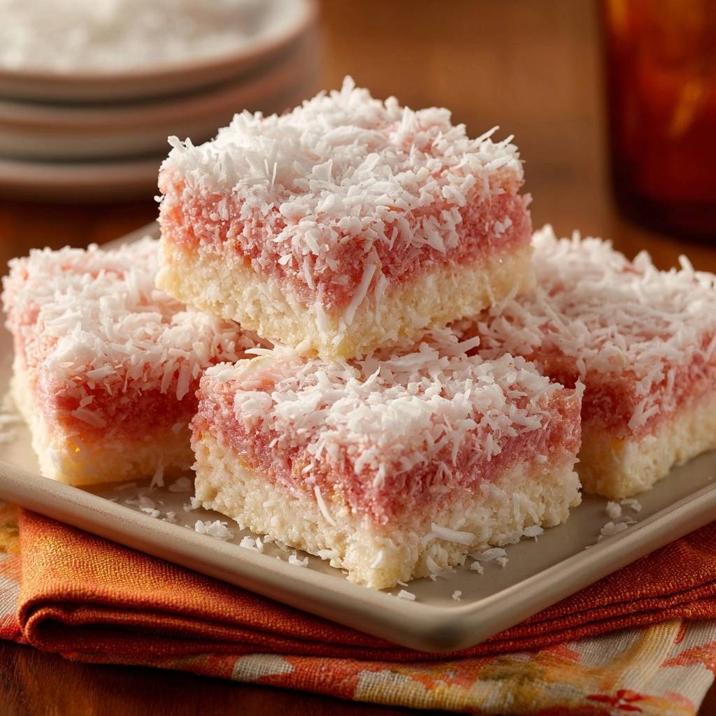 Old-fashioned coconut ice squares stacked closely together, showcasing their layered texture and shredded coconut topping.