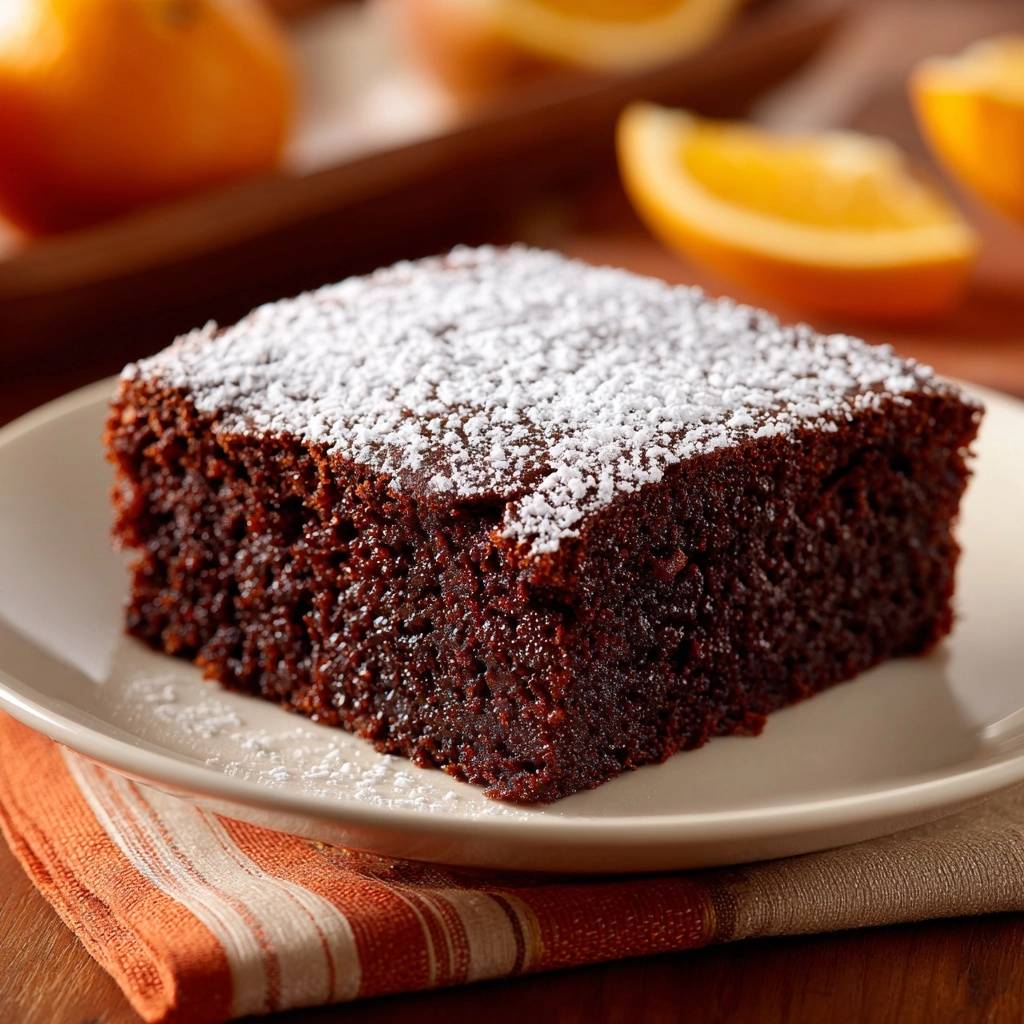 Old-fashioned gingerbread cake dusted with powdered sugar, presented on a plate with orange slices in the background.