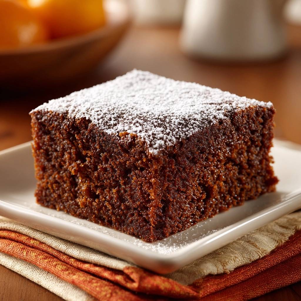 Old-fashioned gingerbread cake dusted with powdered sugar served on a white plate with napkins