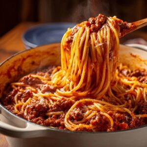 One-pot hearty beef spaghetti being scooped with steam rising from the rich, meaty sauce.