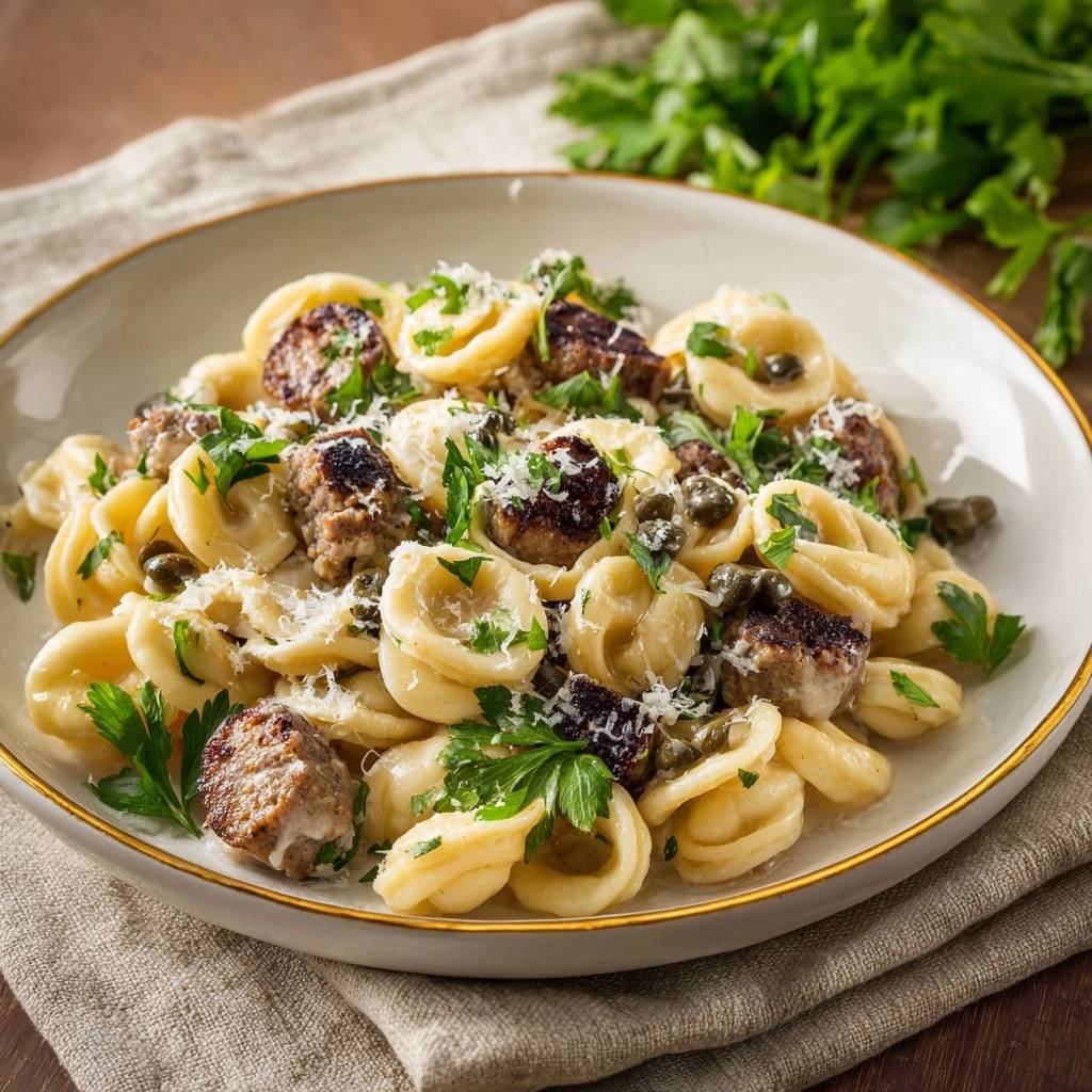 Orecchiette with seared sausage and capers, plated in a bowl and garnished with parsley and grated cheese.