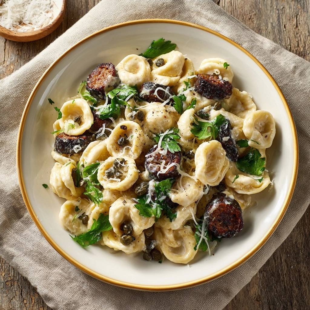 Orecchiette with seared sausage and capers served in a bowl, presented in an overhead view.