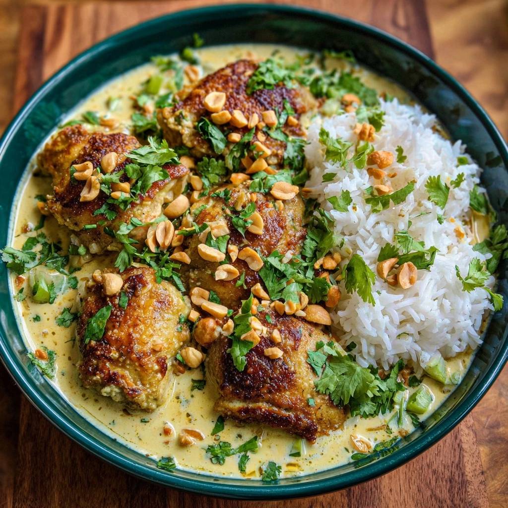 Crispy pan-seared chicken curry served in a bowl with fluffy white rice and garnished with peanuts and cilantro.