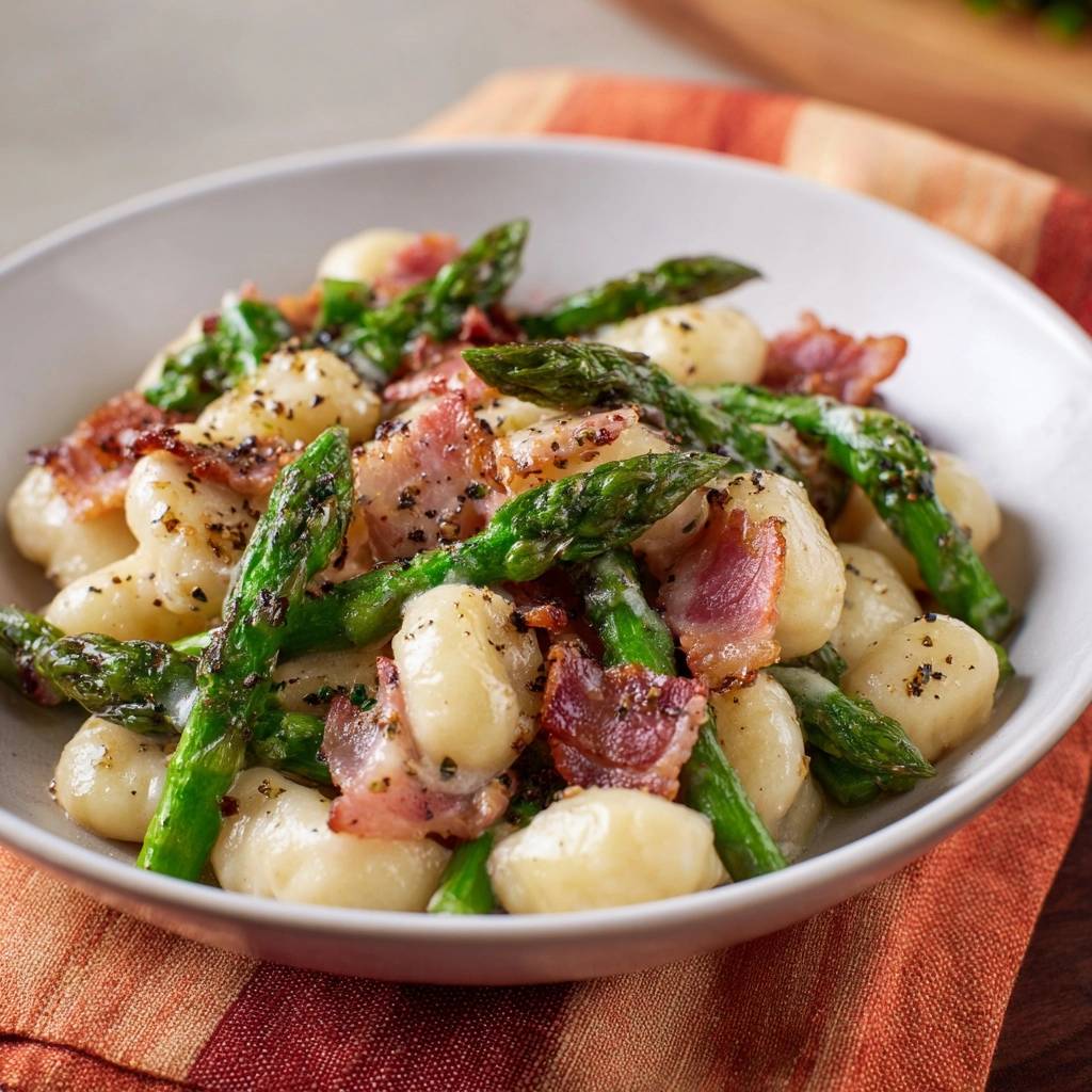 Pan-seared gnocchi with asparagus and bacon served in a bowl, shown in a close-up view.