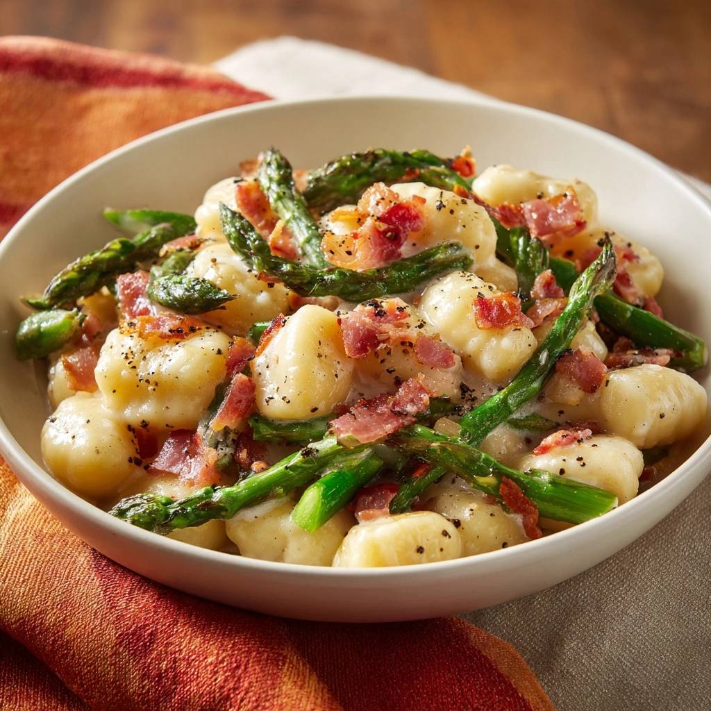 Pan-seared gnocchi with asparagus and bacon in a creamy sauce, served in a white bowl with a close-up view.