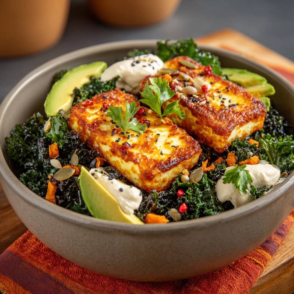 Crispy pan-seared halloumi kale bowl with avocado and creamy dressing, presented in a close-up view.