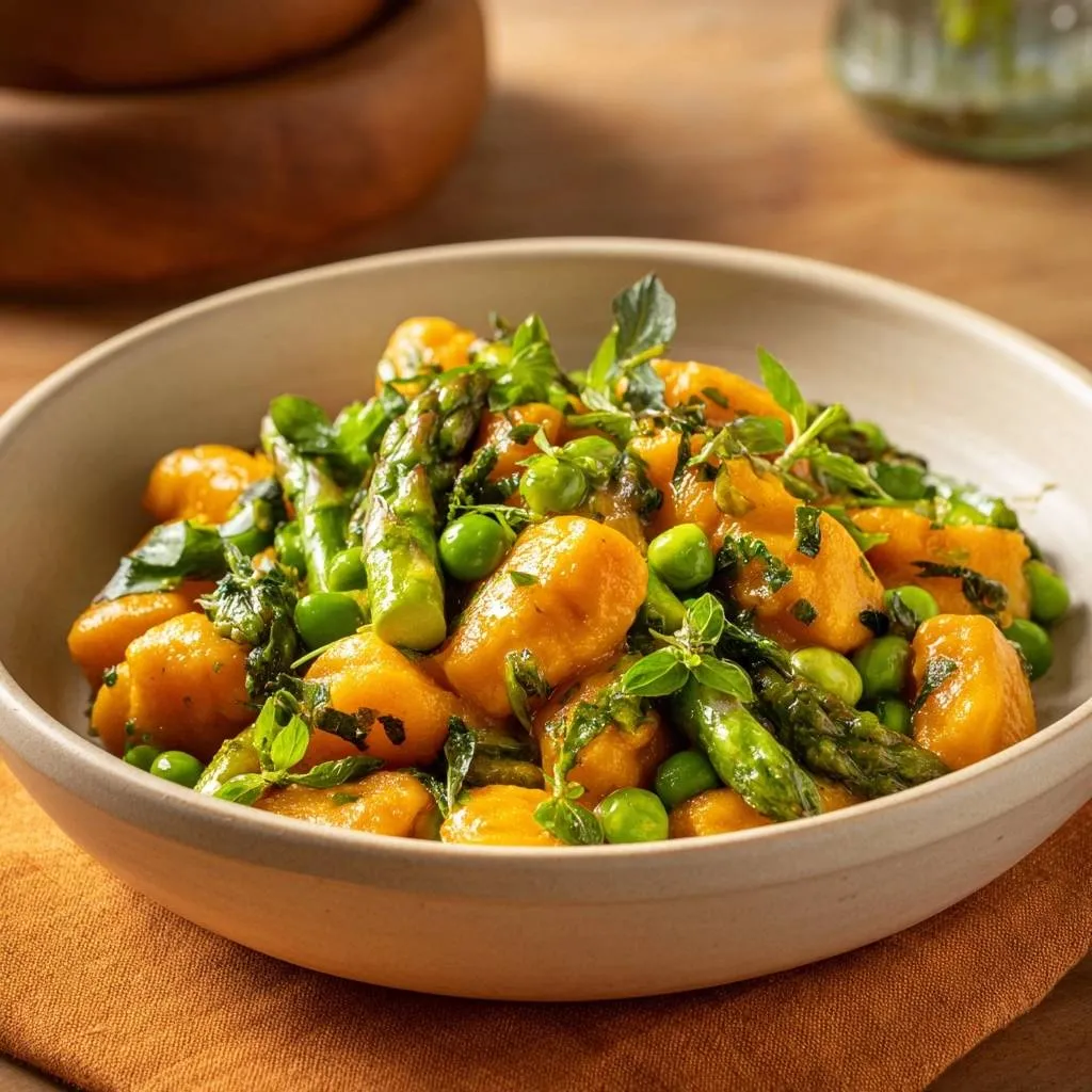 Pan-seared sweet potato gnocchi with asparagus and peas served in a light-colored bowl with fresh herbs.