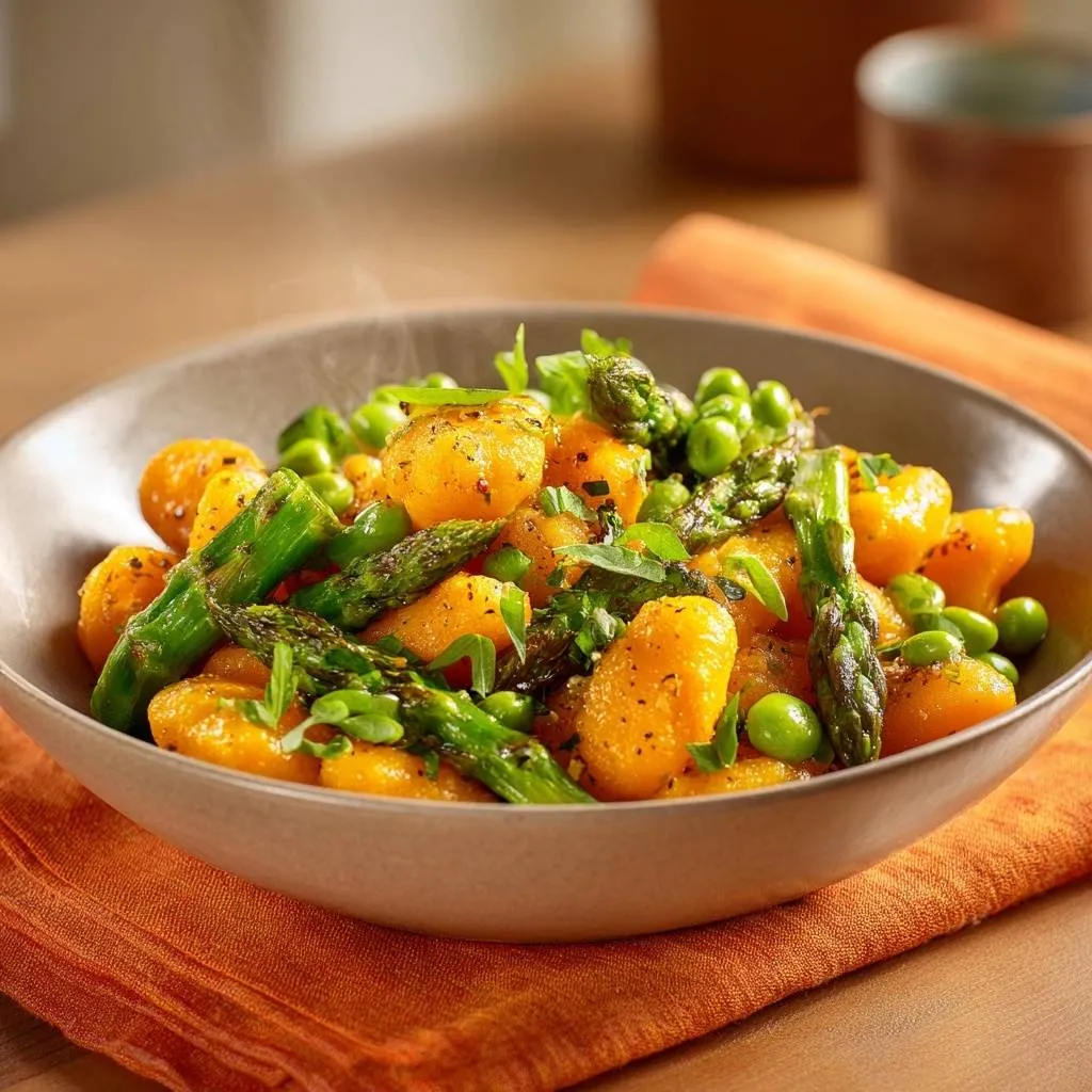 Pan-seared sweet potato gnocchi with asparagus and peas, shown in a close-up bowl view with fresh herbs.