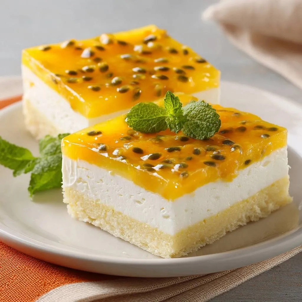 Passion fruit cheesecake bars with a crisp shortbread base, featuring a close-up view of the glossy topping and fresh mint garnish.