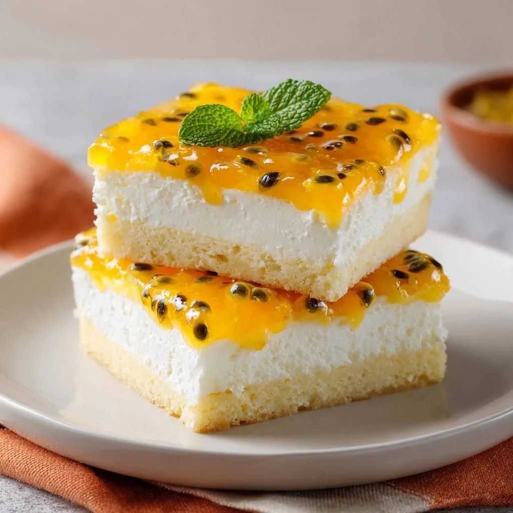 Passion fruit cheesecake bars with a crisp shortbread base, shown as two stacked slices with a mint garnish.