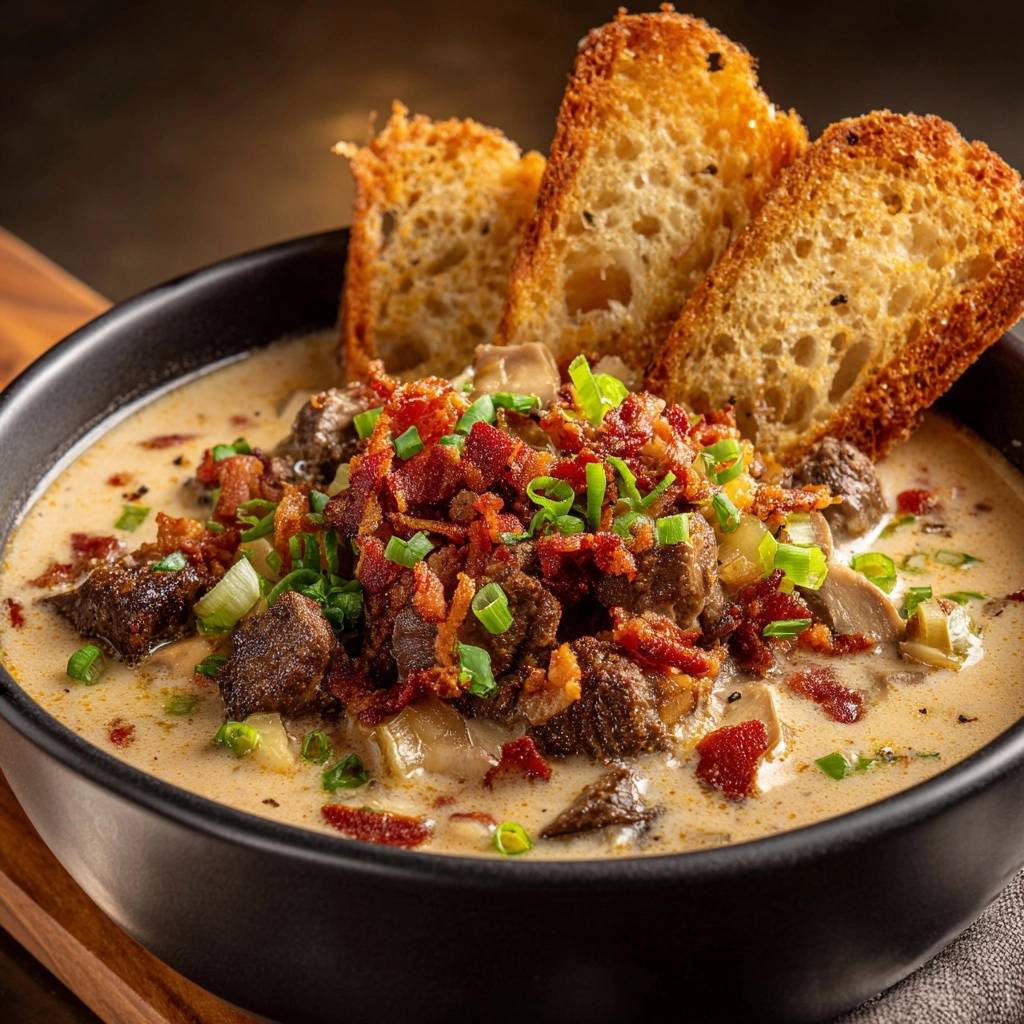 Loaded Philly Cheesesteak Soup topped with crispy bacon and fresh chives, served with toasted bread slices.