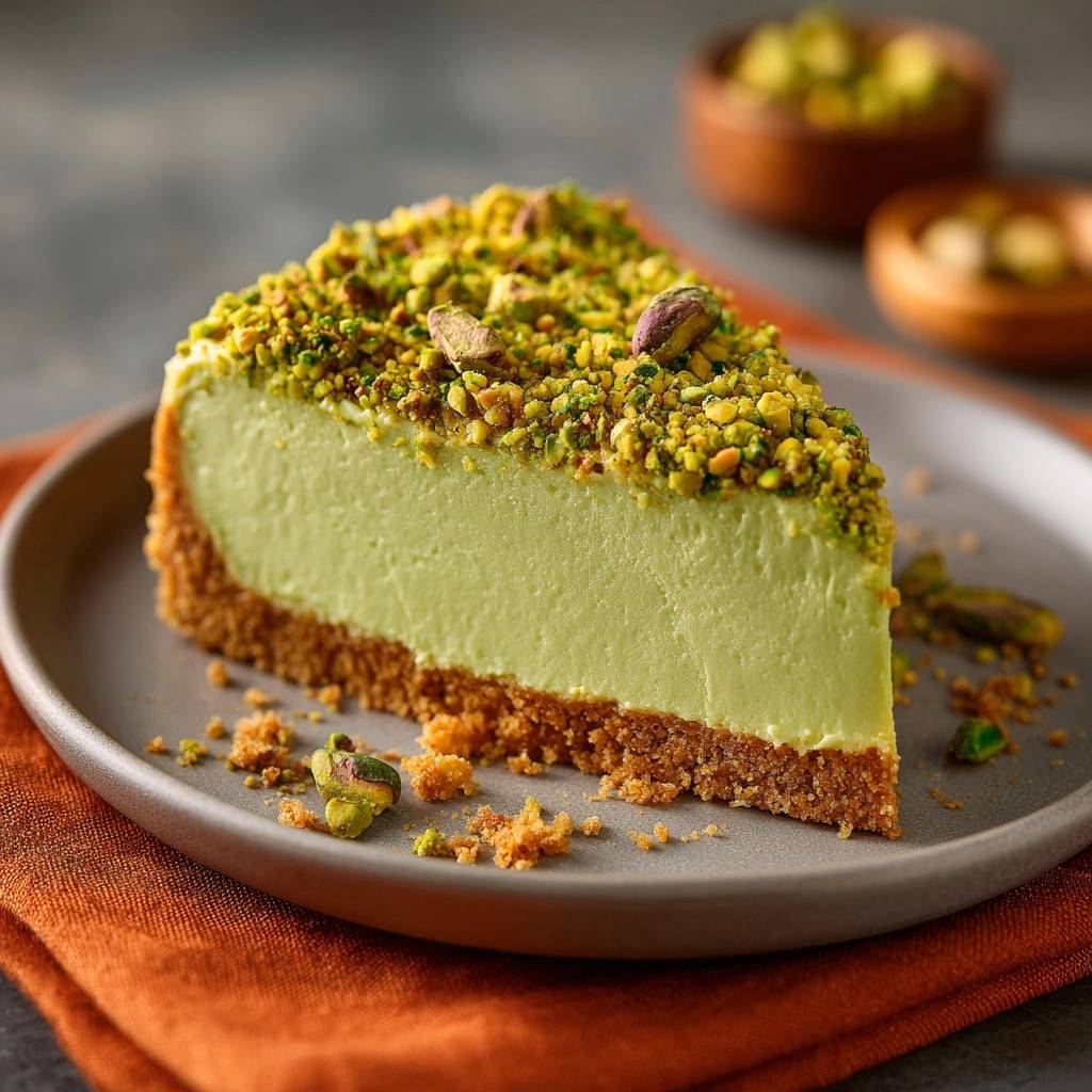 Pistachio Dream Cheesecake, a creamy slice with a pistachio crust and topping, shown in a close-up view.