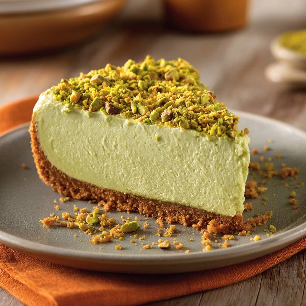 Pistachio dream cheesecake slice with a thick graham cracker crust and chopped pistachios on top.