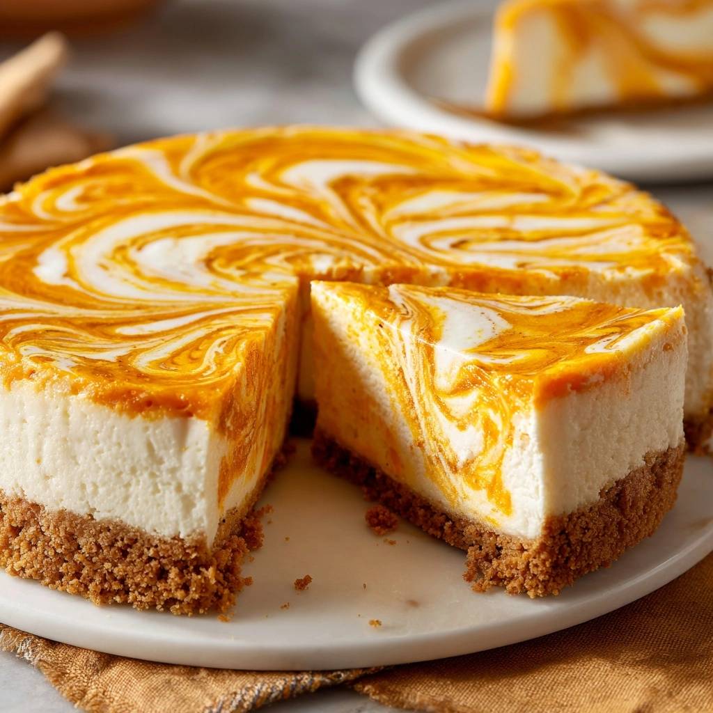 Creamy pumpkin swirl cheesecake with a close-up view of a slice showing the marbled texture and graham cracker crust.