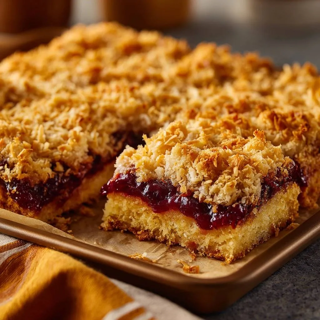 Raspberry coconut jam bars with a crisp shortbread base shown in a close-up cross-section revealing the layers.