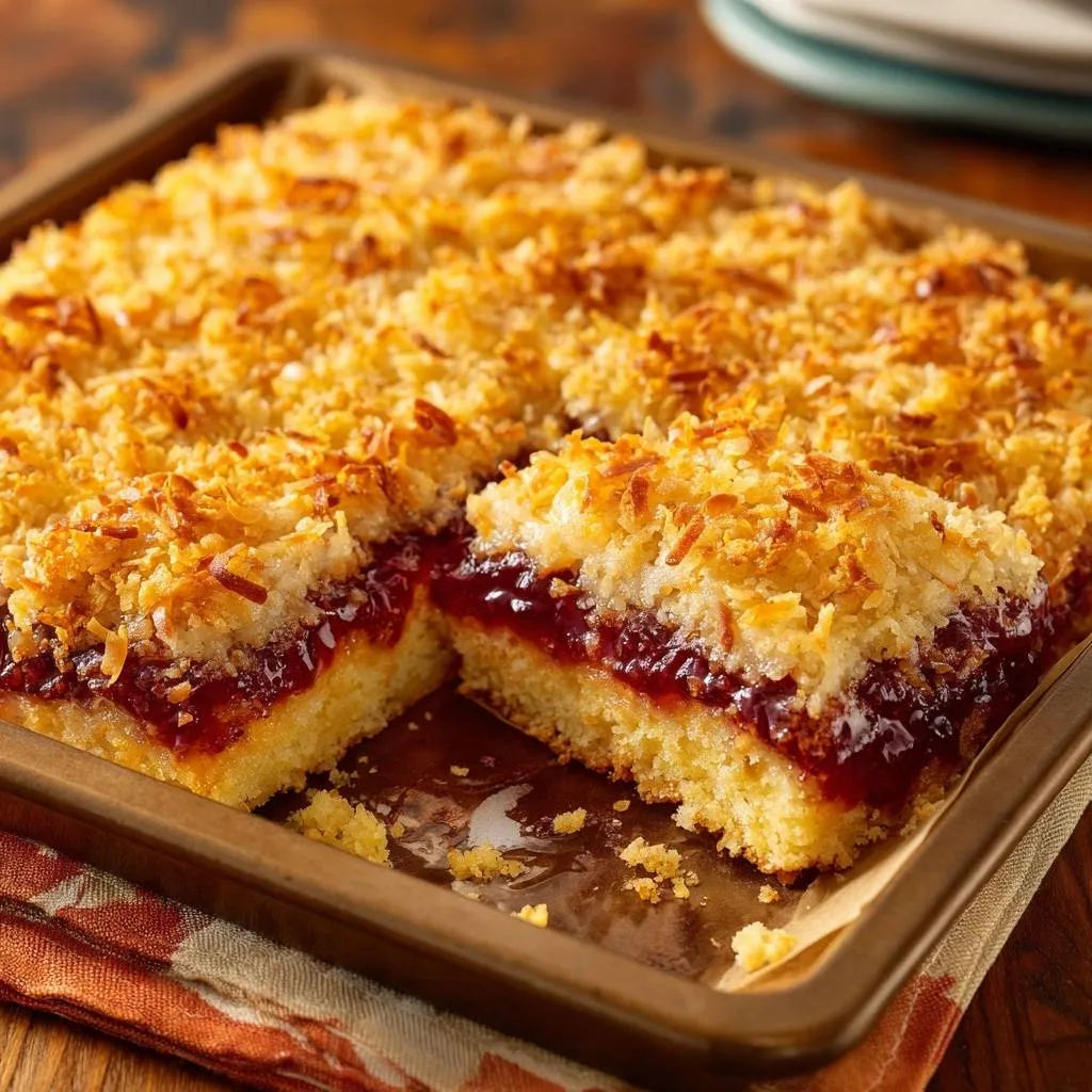 Raspberry coconut jam bars with a crisp shortbread base shown in a close-up cross-section revealing the layers.