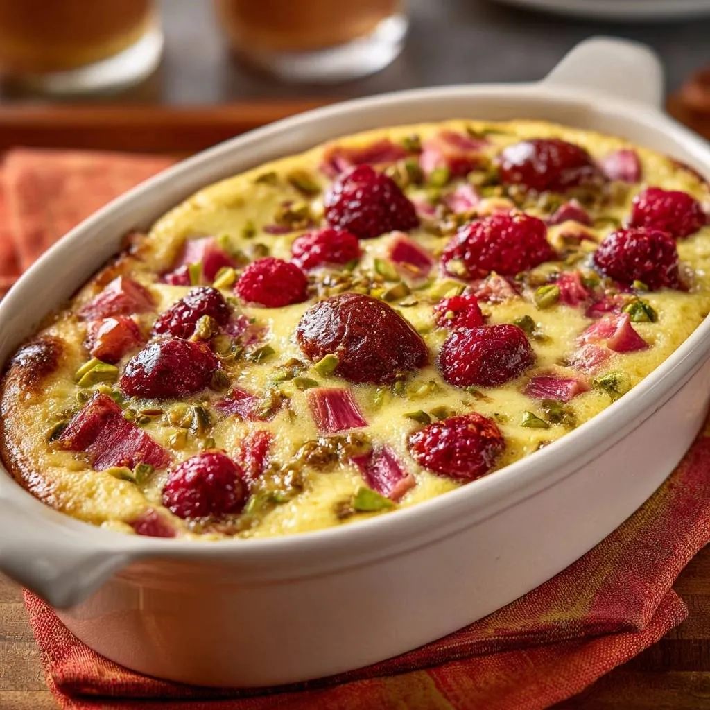 Raspberry rhubarb custard bake in a white oval dish, showcasing a close-up view of the baked fruit and custard topping.