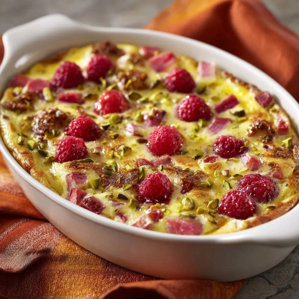 Raspberry Rhubarb Custard Bake shown from above, featuring a topping of raspberries and pistachios.