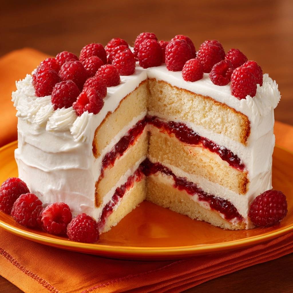 Raspberry vanilla layer cake shown in a cross-section, revealing layers of cake, cream, and raspberry filling, topped with fresh raspberries.
