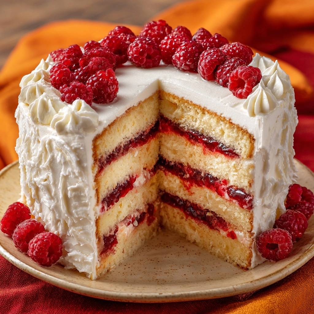 Raspberry vanilla layer cake cross-section showing layers of cake and raspberry filling, topped with fresh raspberries.