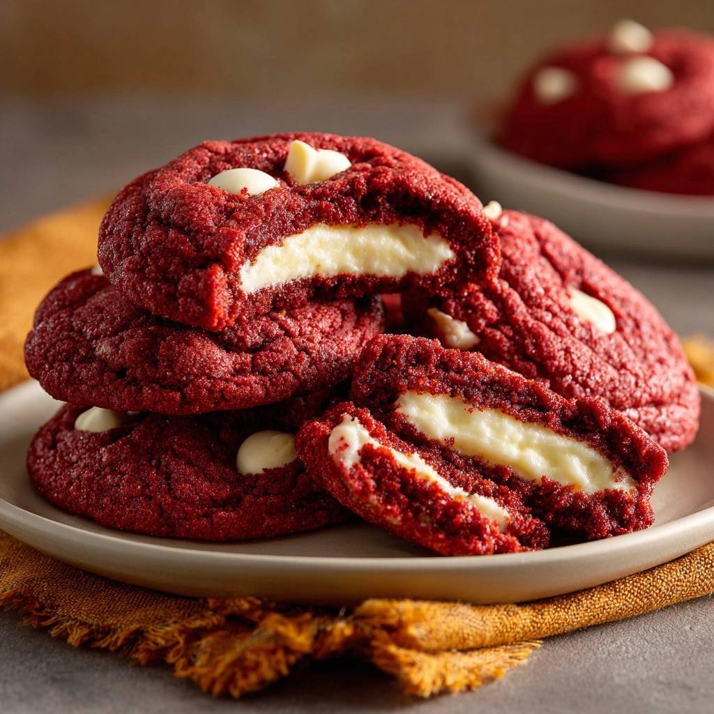 Red velvet cheesecake stuffed cookies cross-section showing a gooey cream cheese filling surrounded by red cookie dough.