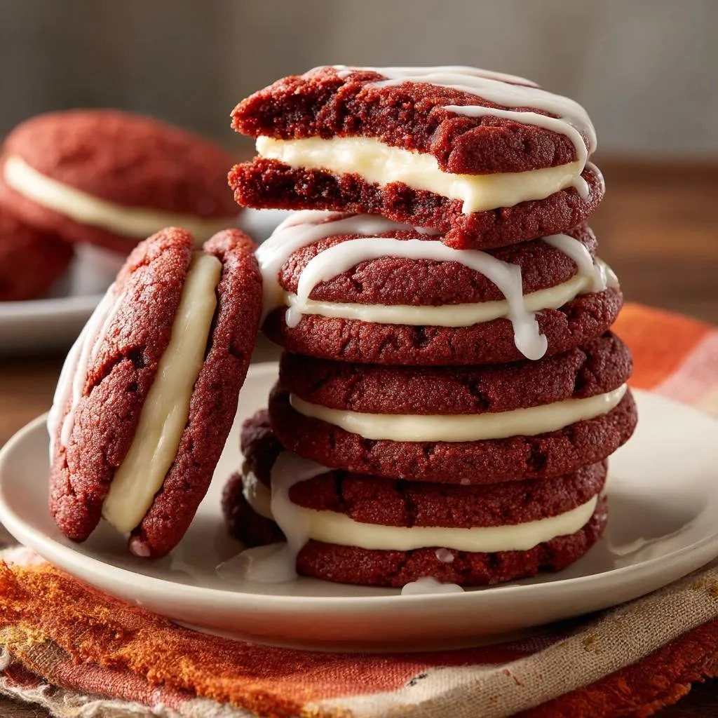 Red velvet cream cheese sandwich cookies cross-section showing the rich red cookie and creamy white filling.