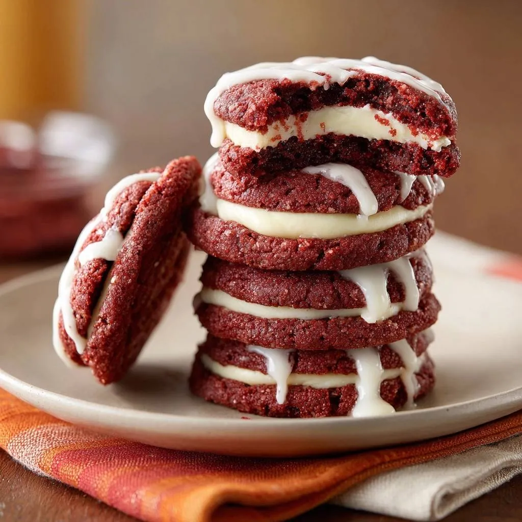Red velvet cream cheese sandwich cookies with anti-soggy technology shown in a close-up cross-section, revealing the creamy filling.