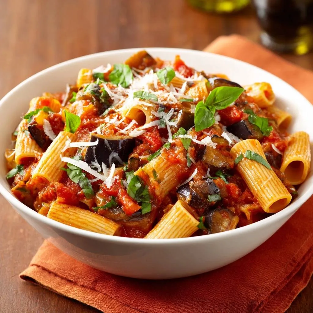 Rigatoni alla Norma served in a white bowl, generously garnished with fresh basil and grated cheese.
