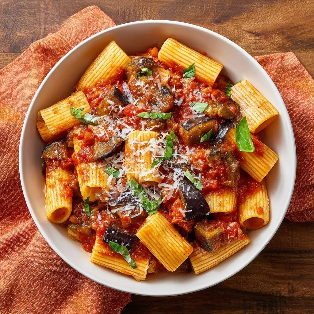 Rigatoni alla Norma served in a white bowl, shown from an overhead perspective with eggplant and tomato sauce.