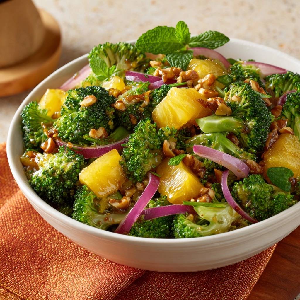 Roasted broccoli and pineapple salad shown in a close-up view within a white bowl with fresh mint garnish.