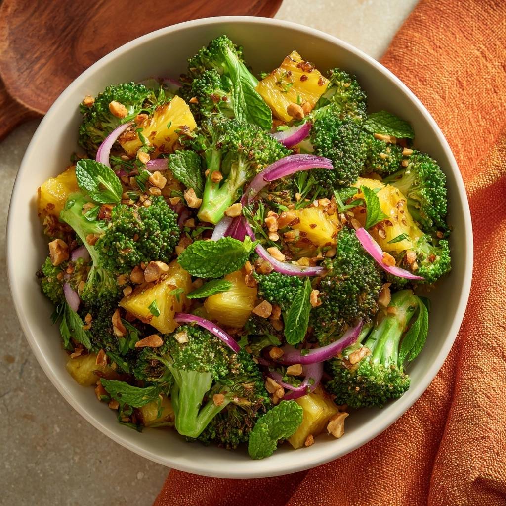 Roasted broccoli and pineapple salad with red onion and mint, shown in an overhead view in a bowl.