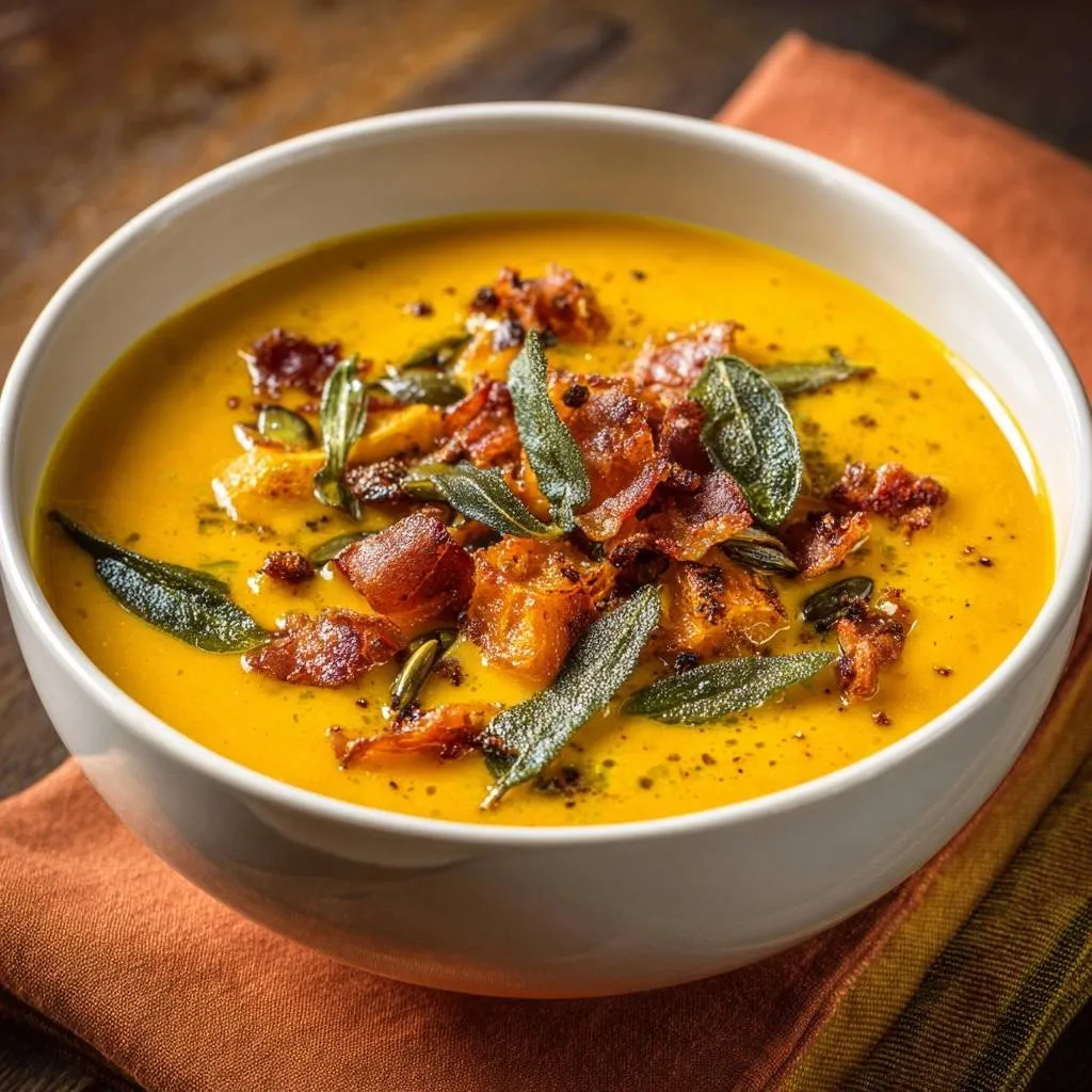 Creamy roasted butternut squash soup garnished with crispy bacon and fresh sage leaves