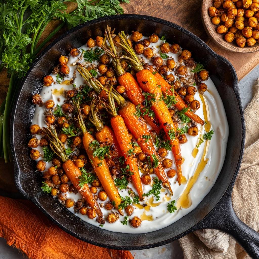 Roasted carrots and crispy chickpeas over whipped yogurt, presented in a cast iron skillet from an overhead view.
