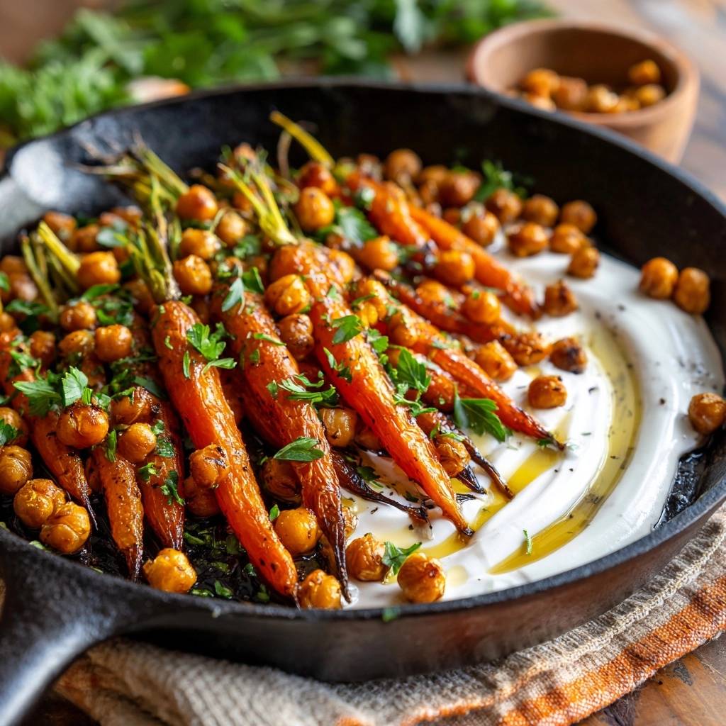 Roasted carrots and crispy chickpeas served over whipped yogurt in a cast iron skillet, a close-up view.
