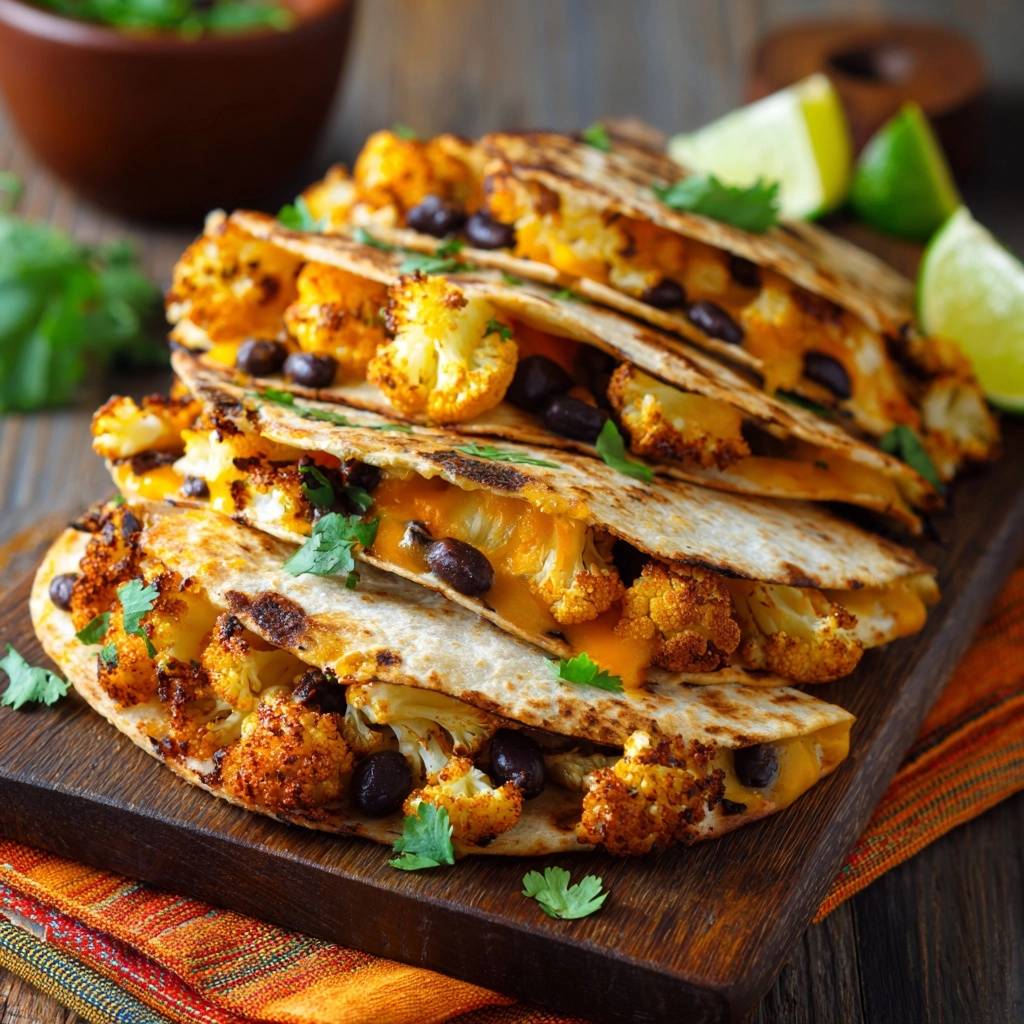 Roasted cauliflower and black bean quesadillas stacked and cut to reveal the cheesy interior with fresh cilantro garnish.