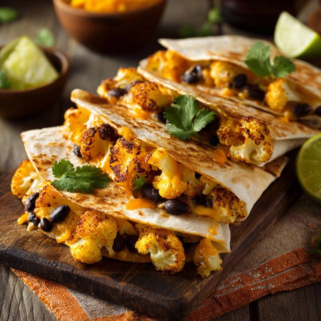 Roasted cauliflower and black bean quesadillas stacked and cut to show the cheesy interior with fresh cilantro garnish.