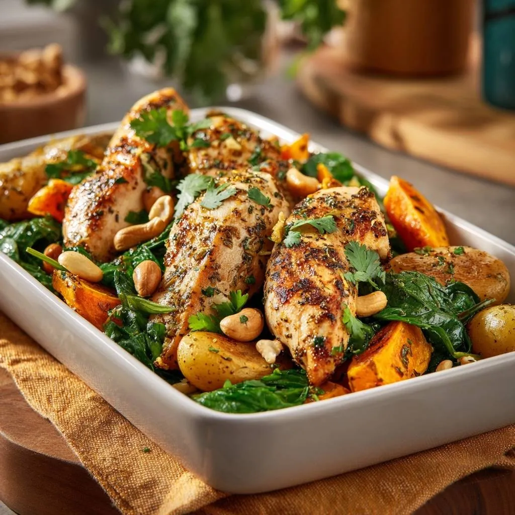 Roasted chicken and sweet potato bake, a close-up view of the seasoned chicken pieces nestled among roasted vegetables and spinach in a white dish.
